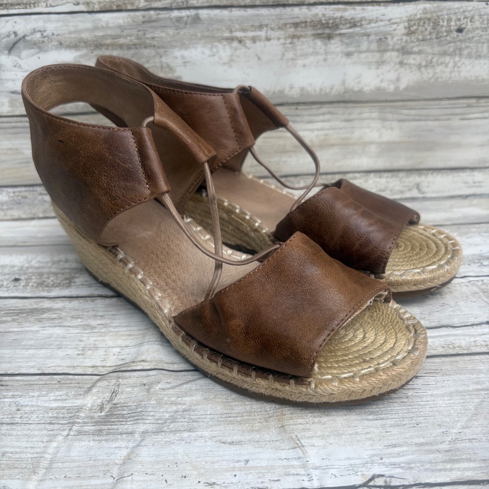 Eileen Fisher Wedge Sandals 8.5 Brown Leather Espadrille Shoes Coastal Earthy